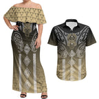 Aotearoa Maori Iwi Heritage Couples Matching Off Shoulder Maxi Dress and Hawaiian Shirt Waikato Tainui Parauri