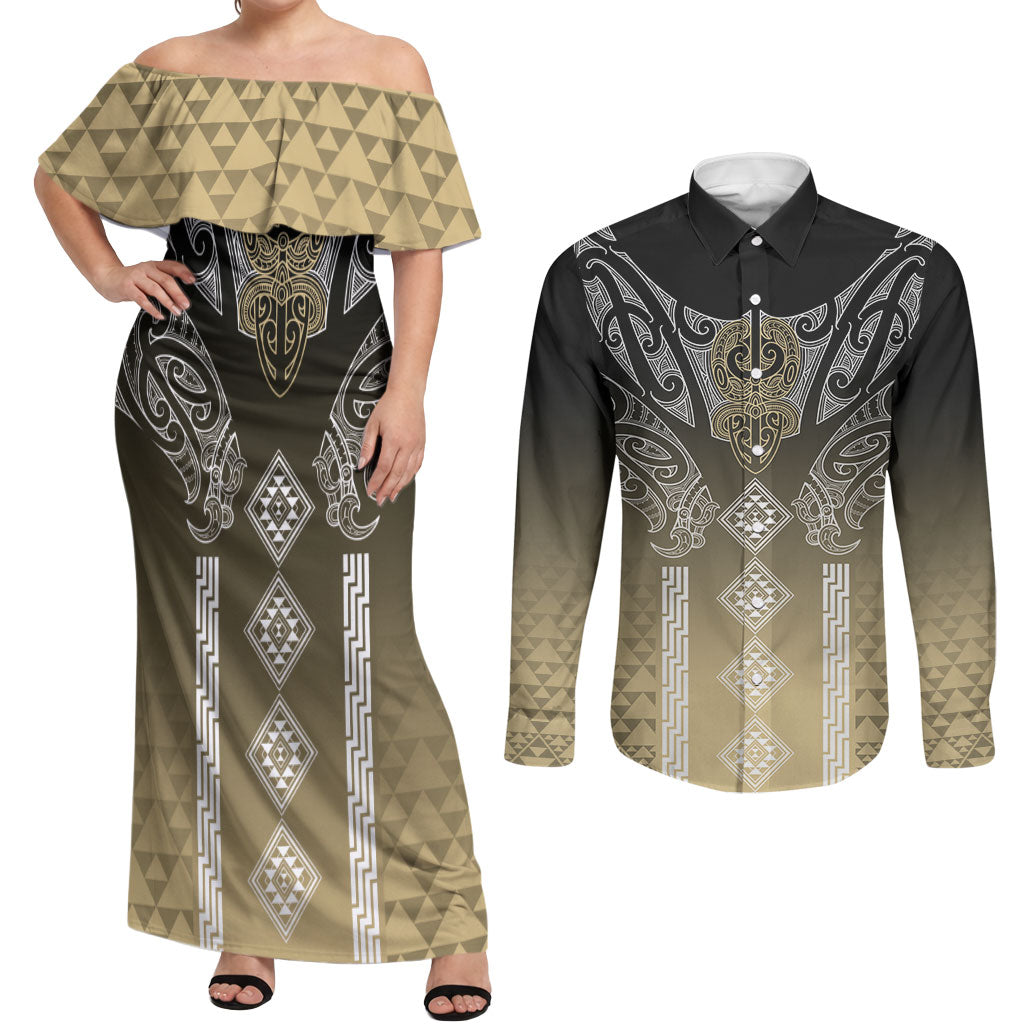 Aotearoa Maori Iwi Heritage Couples Matching Off Shoulder Maxi Dress and Long Sleeve Button Shirt Waikato Tainui Parauri