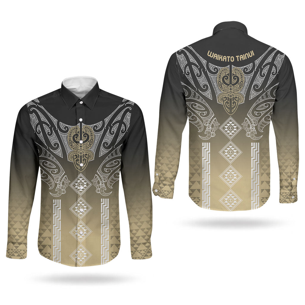 Aotearoa Maori Iwi Heritage Couples Matching Off Shoulder Maxi Dress and Long Sleeve Button Shirt Waikato Tainui Parauri