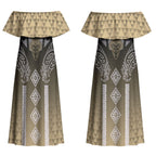 Aotearoa Maori Iwi Heritage Couples Matching Off Shoulder Maxi Dress and Long Sleeve Button Shirt Waikato Tainui Parauri