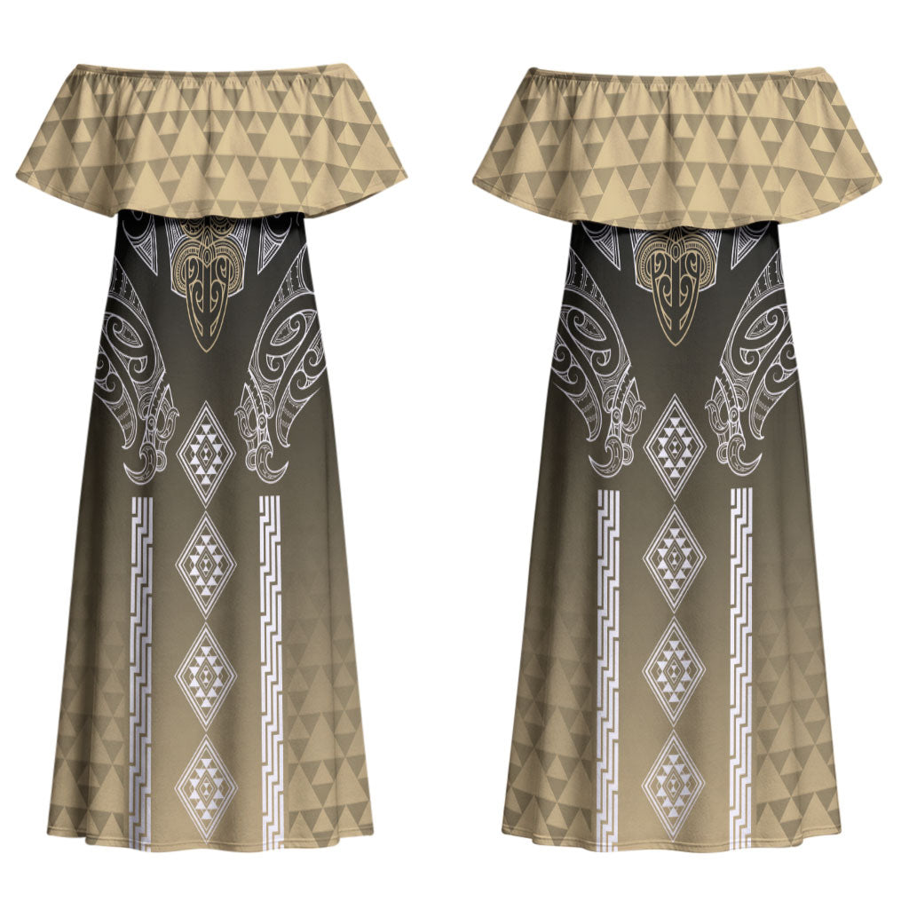 Aotearoa Maori Iwi Heritage Couples Matching Off Shoulder Maxi Dress and Long Sleeve Button Shirt Waikato Tainui Parauri