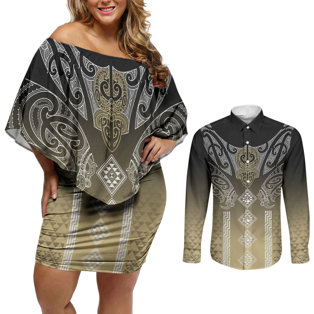 Aotearoa Maori Iwi Heritage Couples Matching Off Shoulder Short Dress and Long Sleeve Button Shirt Waikato Tainui Parauri