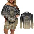 Aotearoa Maori Iwi Heritage Couples Matching Off Shoulder Short Dress and Long Sleeve Button Shirt Waikato Tainui Parauri