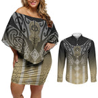 Aotearoa Maori Iwi Heritage Couples Matching Off Shoulder Short Dress and Long Sleeve Button Shirt Waikato Tainui Parauri