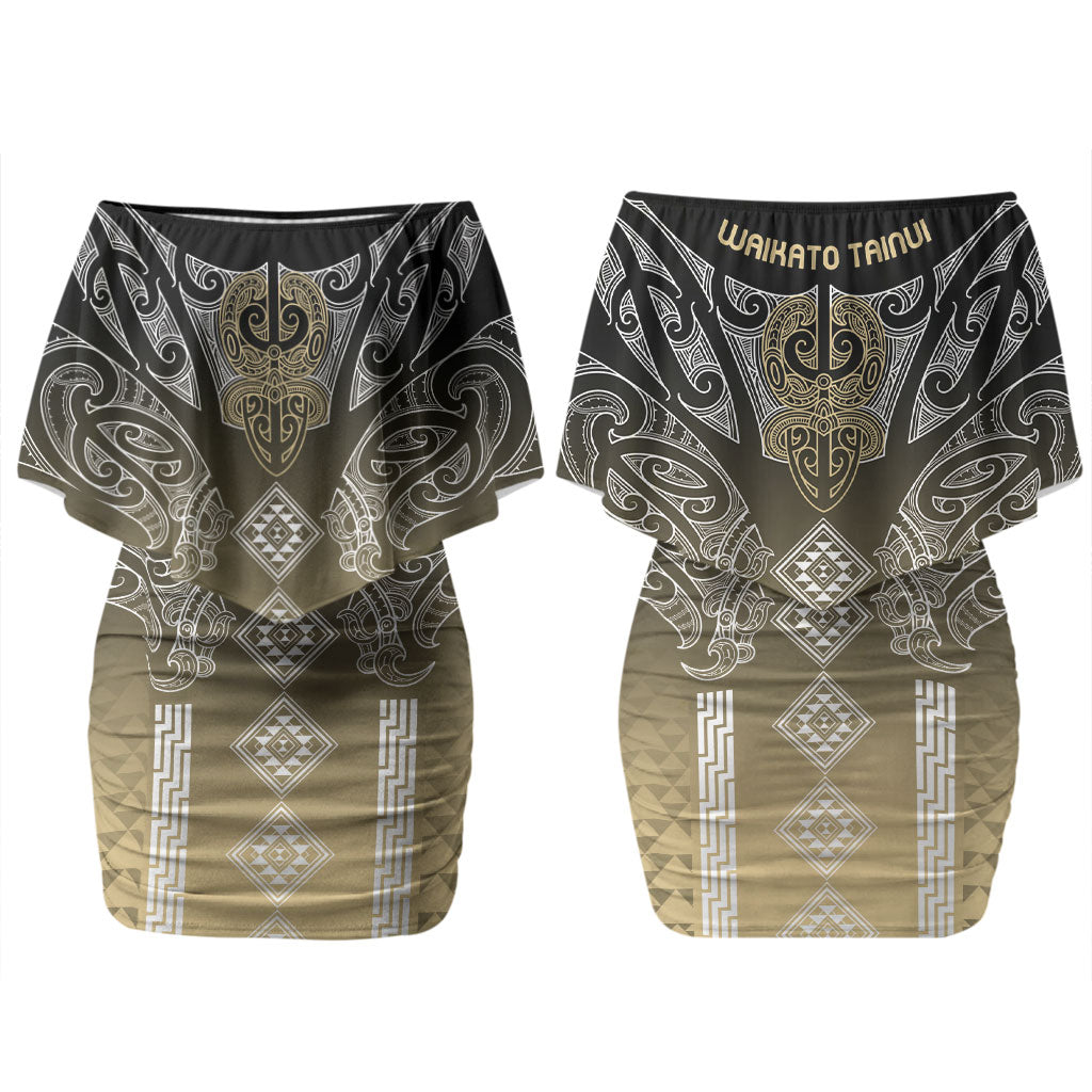 Aotearoa Maori Iwi Heritage Couples Matching Off Shoulder Short Dress and Long Sleeve Button Shirt Waikato Tainui Parauri