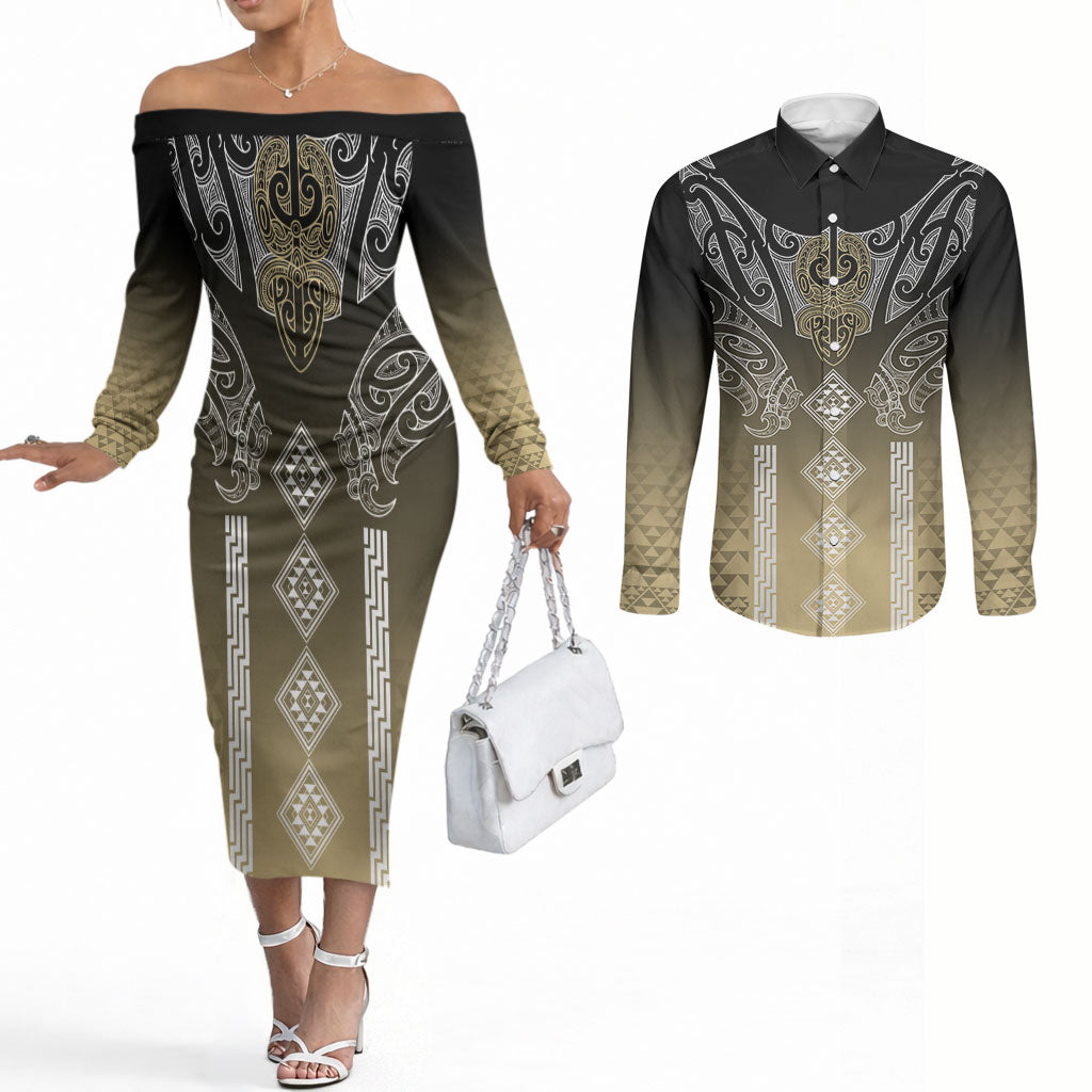 Aotearoa Maori Iwi Heritage Couples Matching Off The Shoulder Long Sleeve Dress and Long Sleeve Button Shirt Waikato Tainui Parauri