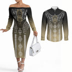 Aotearoa Maori Iwi Heritage Couples Matching Off The Shoulder Long Sleeve Dress and Long Sleeve Button Shirt Waikato Tainui Parauri