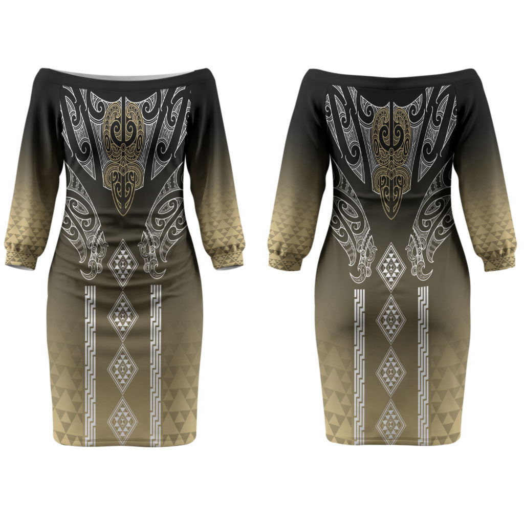 Aotearoa Maori Iwi Heritage Couples Matching Off The Shoulder Long Sleeve Dress and Long Sleeve Button Shirt Waikato Tainui Parauri