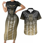 Aotearoa Maori Iwi Heritage Couples Matching Short Sleeve Bodycon Dress and Hawaiian Shirt Waikato Tainui Parauri