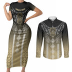 Aotearoa Maori Iwi Heritage Couples Matching Short Sleeve Bodycon Dress and Long Sleeve Button Shirt Waikato Tainui Parauri