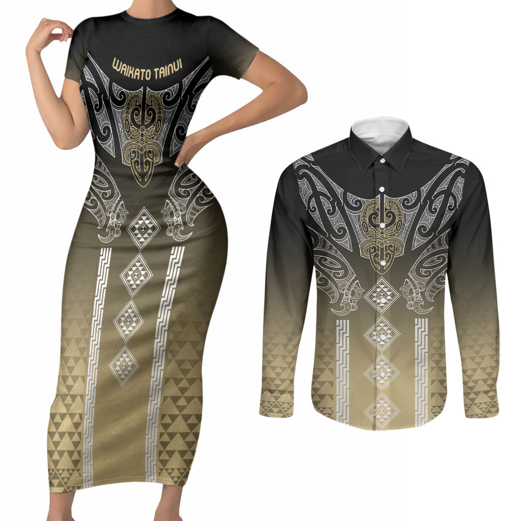 Aotearoa Maori Iwi Heritage Couples Matching Short Sleeve Bodycon Dress and Long Sleeve Button Shirt Waikato Tainui Parauri