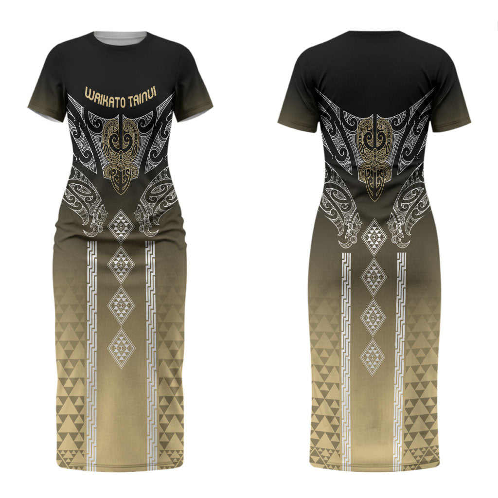 Aotearoa Maori Iwi Heritage Couples Matching Short Sleeve Bodycon Dress and Long Sleeve Button Shirt Waikato Tainui Parauri