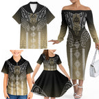 Aotearoa Maori Iwi Heritage Family Matching Off The Shoulder Long Sleeve Dress and Hawaiian Shirt Waikato Tainui Parauri