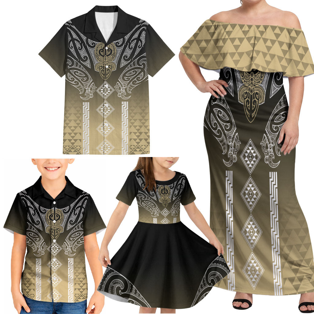 Aotearoa Maori Iwi Heritage Family Matching Off Shoulder Maxi Dress and Hawaiian Shirt Waikato Tainui Parauri