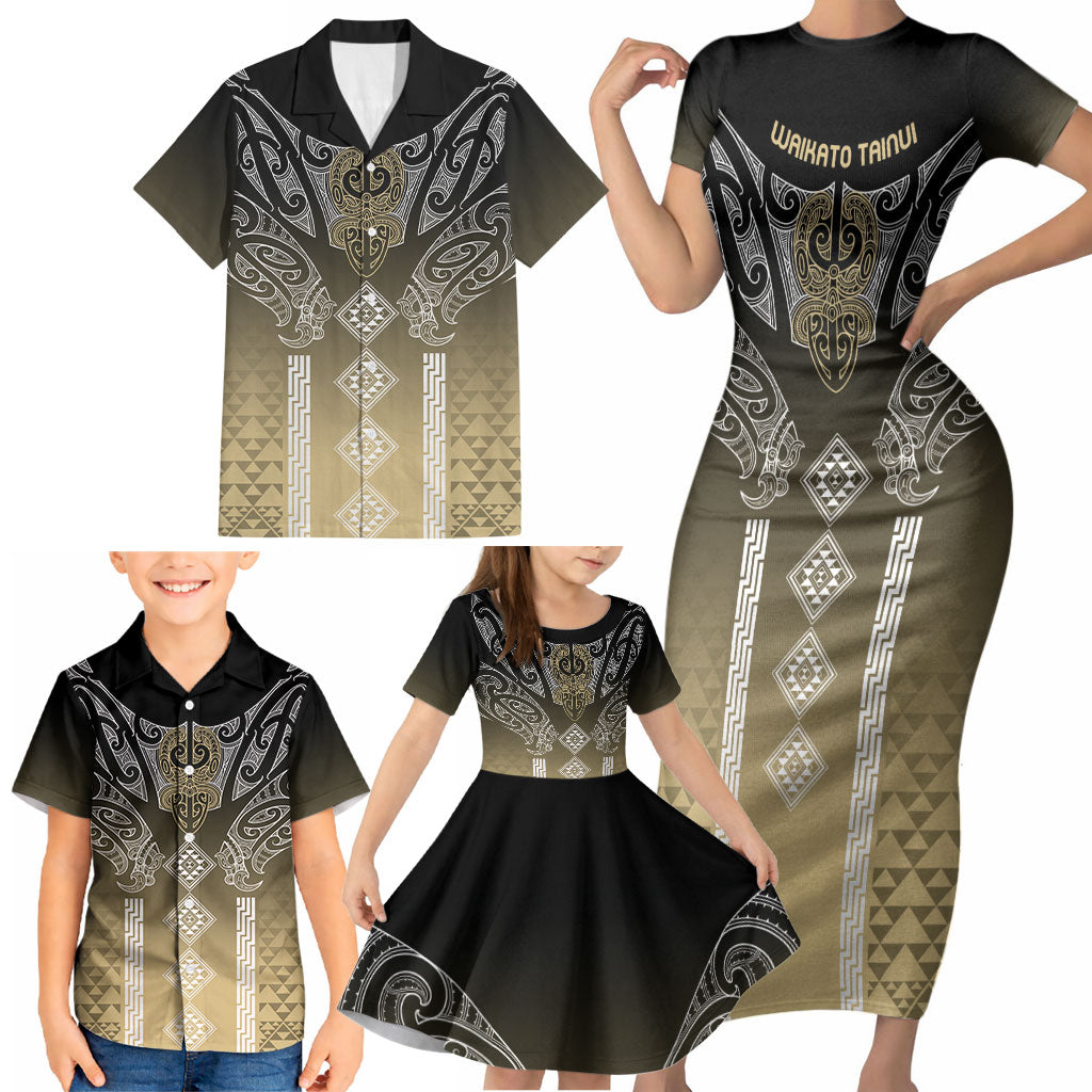 Aotearoa Maori Iwi Heritage Family Matching Short Sleeve Bodycon Dress and Hawaiian Shirt Waikato Tainui Parauri