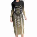 Aotearoa Maori Iwi Heritage Long Sleeve Bodycon Dress Waikato Tainui Parauri