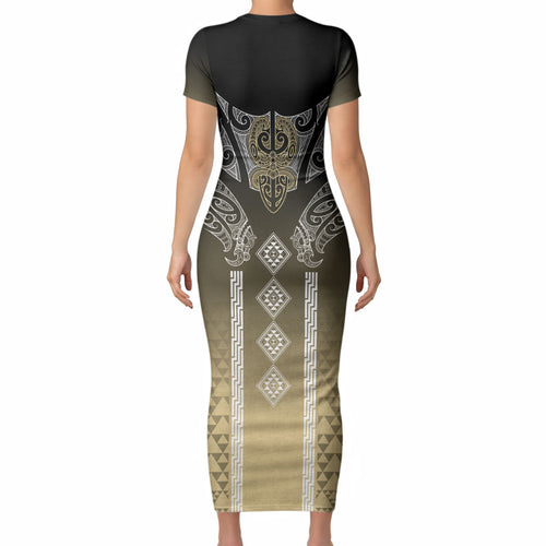 Aotearoa Maori Iwi Heritage Short Sleeve Bodycon Dress Waikato Tainui Parauri