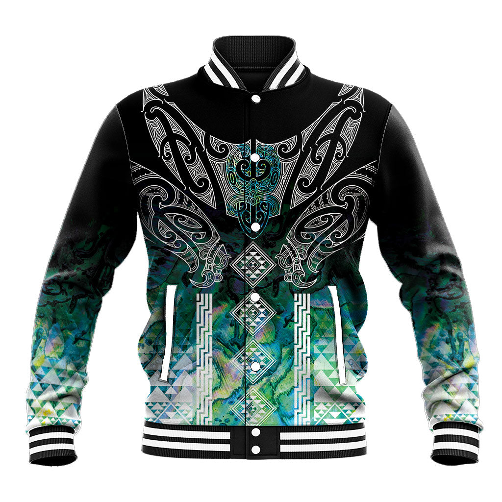 Aotearoa Maori Iwi Heritage Baseball Jacket Ngati Kahungunu Paua Shell Turquoise