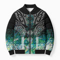 Aotearoa Maori Iwi Heritage Bomber Puffer Jacket Ngati Kahungunu Paua Shell Turquoise