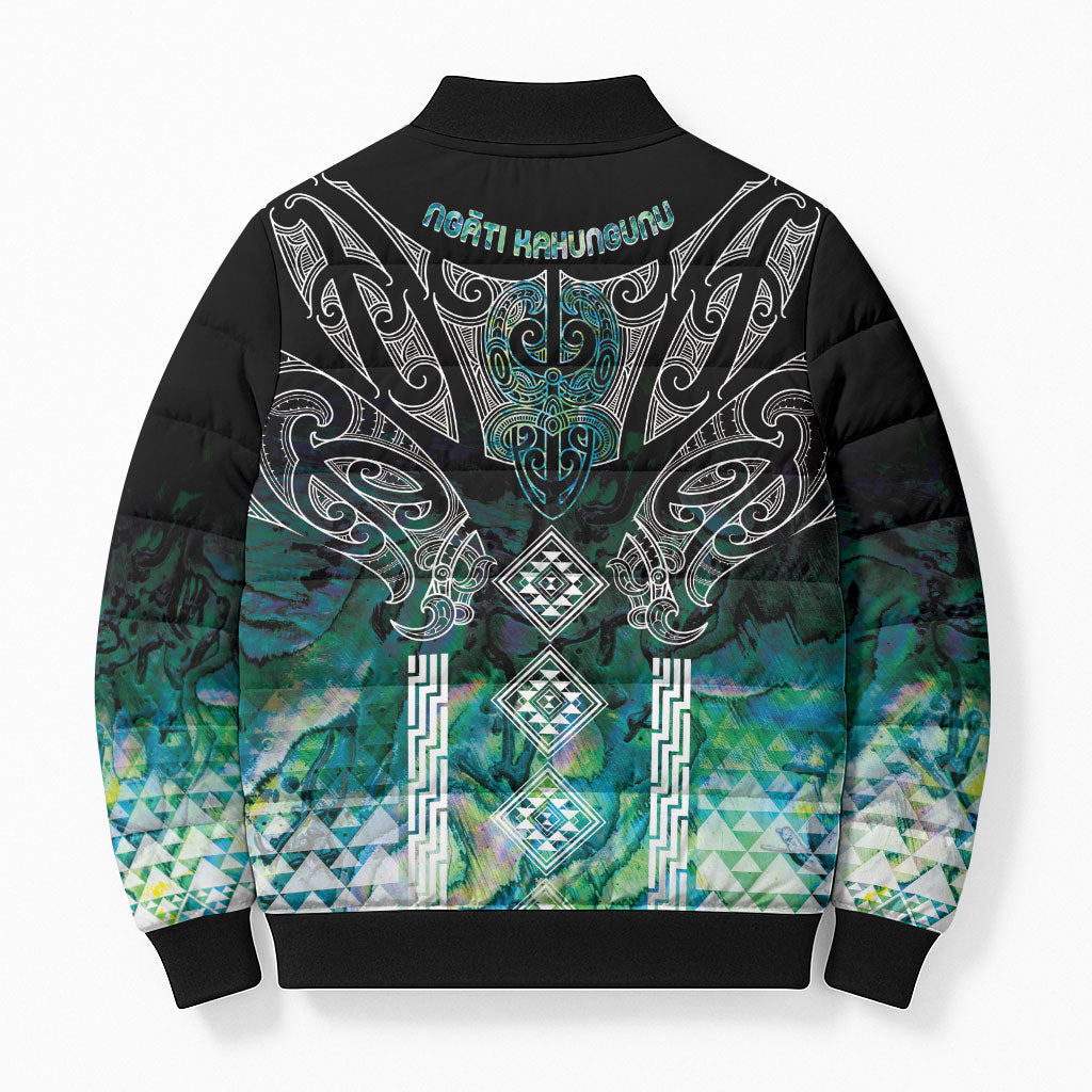 Aotearoa Maori Iwi Heritage Bomber Puffer Jacket Ngati Kahungunu Paua Shell Turquoise