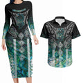 Aotearoa Maori Iwi Heritage Couples Matching Long Sleeve Bodycon Dress and Hawaiian Shirt Ngati Kahungunu Paua Shell Turquoise