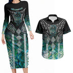 Aotearoa Maori Iwi Heritage Couples Matching Long Sleeve Bodycon Dress and Hawaiian Shirt Ngati Kahungunu Paua Shell Turquoise