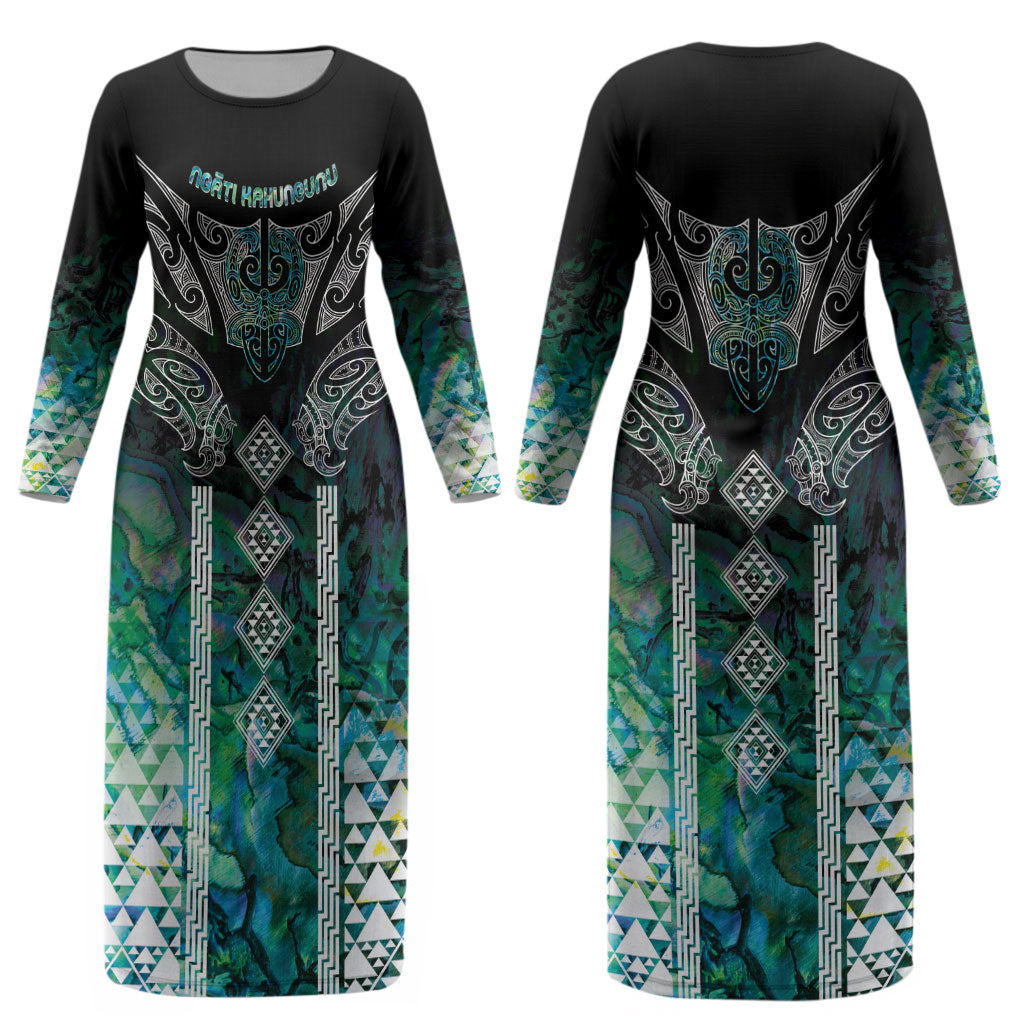 Aotearoa Maori Iwi Heritage Couples Matching Long Sleeve Bodycon Dress and Hawaiian Shirt Ngati Kahungunu Paua Shell Turquoise