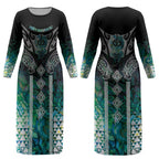 Aotearoa Maori Iwi Heritage Couples Matching Long Sleeve Bodycon Dress and Hawaiian Shirt Ngati Kahungunu Paua Shell Turquoise