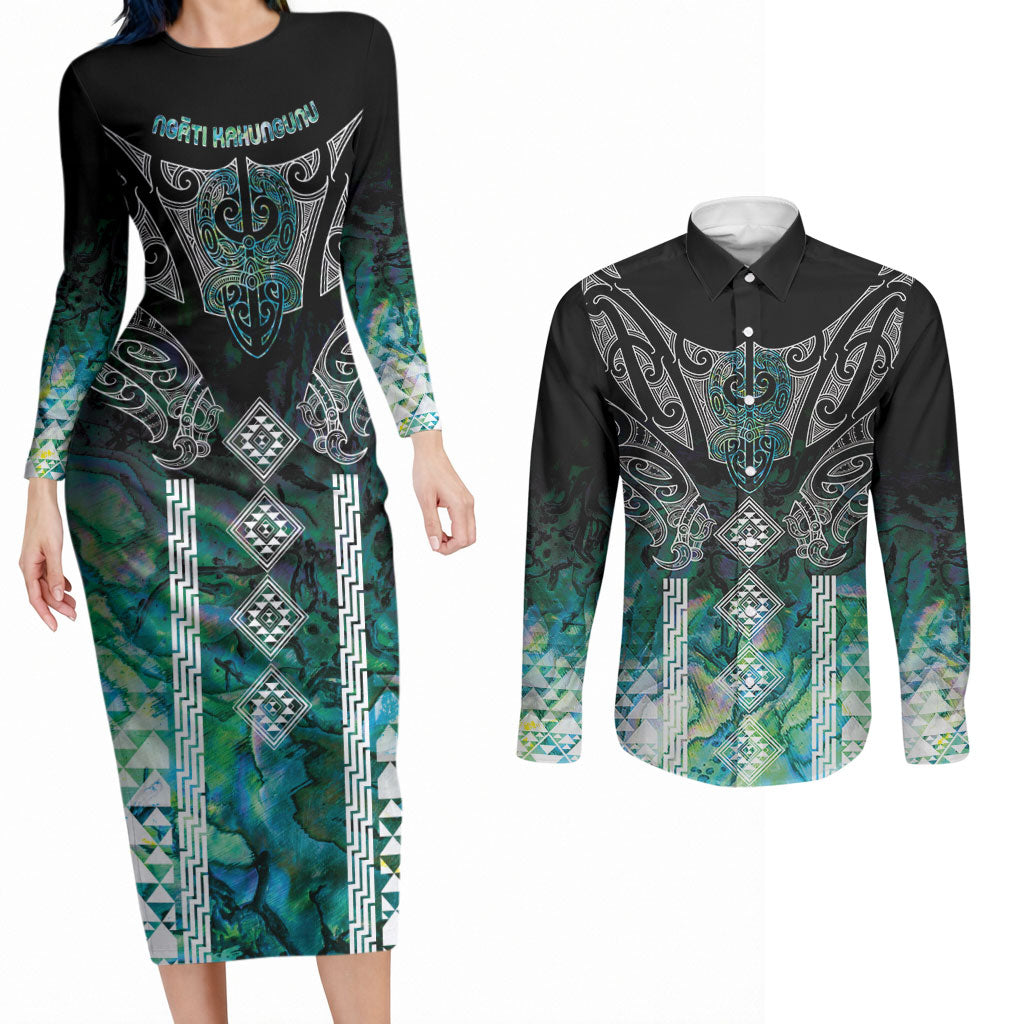 Aotearoa Maori Iwi Heritage Couples Matching Long Sleeve Bodycon Dress and Long Sleeve Button Shirt Ngati Kahungunu Paua Shell Turquoise