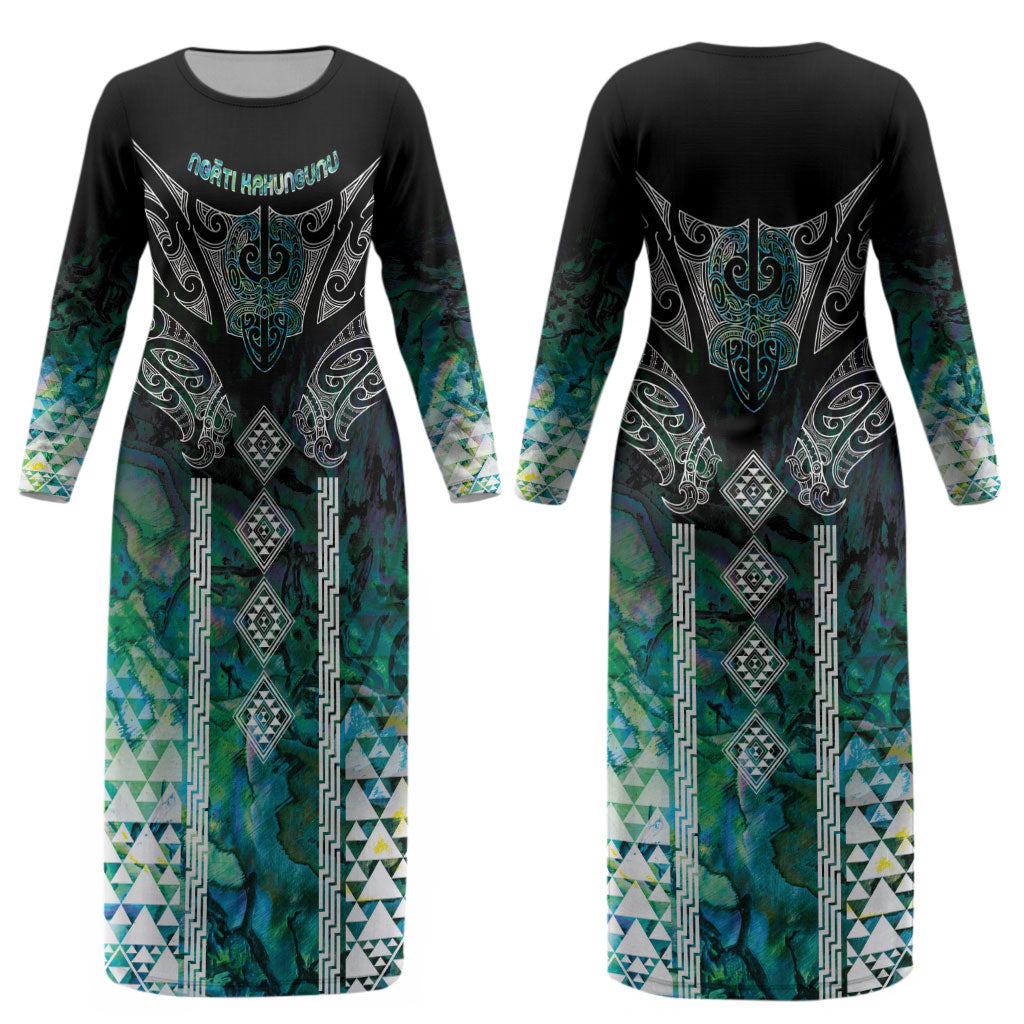 Aotearoa Maori Iwi Heritage Couples Matching Long Sleeve Bodycon Dress and Long Sleeve Button Shirt Ngati Kahungunu Paua Shell Turquoise