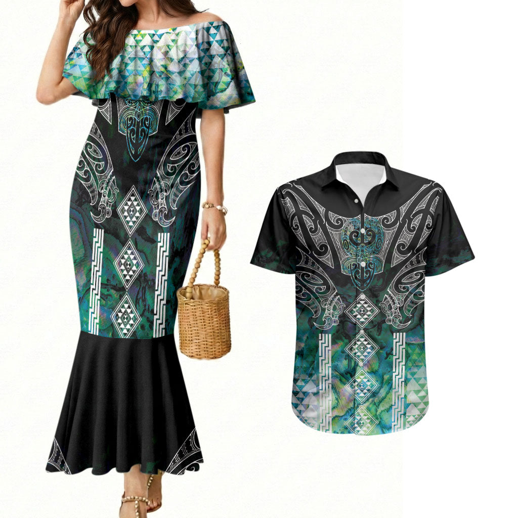 Aotearoa Maori Iwi Heritage Couples Matching Mermaid Dress and Hawaiian Shirt Ngati Kahungunu Paua Shell Turquoise