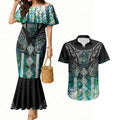 Aotearoa Maori Iwi Heritage Couples Matching Mermaid Dress and Hawaiian Shirt Ngati Kahungunu Paua Shell Turquoise