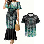 Aotearoa Maori Iwi Heritage Couples Matching Mermaid Dress and Hawaiian Shirt Ngati Kahungunu Paua Shell Turquoise
