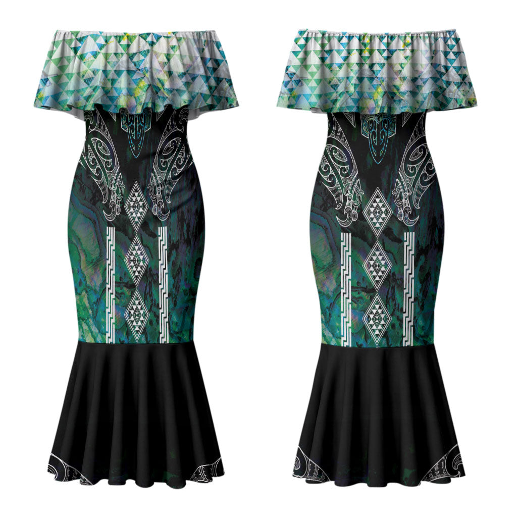 Aotearoa Maori Iwi Heritage Couples Matching Mermaid Dress and Hawaiian Shirt Ngati Kahungunu Paua Shell Turquoise