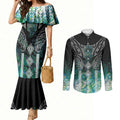 Aotearoa Maori Iwi Heritage Couples Matching Mermaid Dress and Long Sleeve Button Shirt Ngati Kahungunu Paua Shell Turquoise
