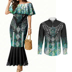 Aotearoa Maori Iwi Heritage Couples Matching Mermaid Dress and Long Sleeve Button Shirt Ngati Kahungunu Paua Shell Turquoise