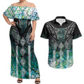 Aotearoa Maori Iwi Heritage Couples Matching Off Shoulder Maxi Dress and Hawaiian Shirt Ngati Kahungunu Paua Shell Turquoise
