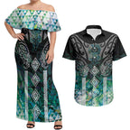 Aotearoa Maori Iwi Heritage Couples Matching Off Shoulder Maxi Dress and Hawaiian Shirt Ngati Kahungunu Paua Shell Turquoise