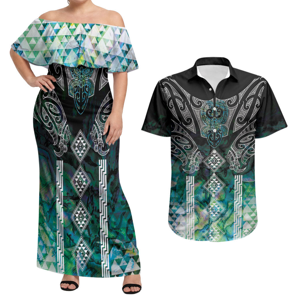 Aotearoa Maori Iwi Heritage Couples Matching Off Shoulder Maxi Dress and Hawaiian Shirt Ngati Kahungunu Paua Shell Turquoise