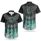 Aotearoa Maori Iwi Heritage Couples Matching Off Shoulder Maxi Dress and Hawaiian Shirt Ngati Kahungunu Paua Shell Turquoise