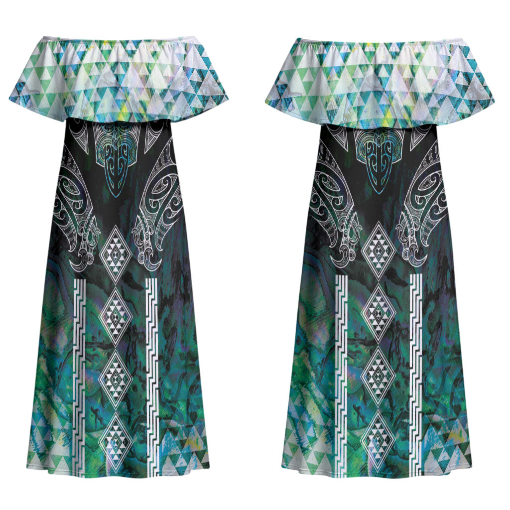 Aotearoa Maori Iwi Heritage Couples Matching Off Shoulder Maxi Dress and Hawaiian Shirt Ngati Kahungunu Paua Shell Turquoise