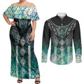 Aotearoa Maori Iwi Heritage Couples Matching Off Shoulder Maxi Dress and Long Sleeve Button Shirt Ngati Kahungunu Paua Shell Turquoise