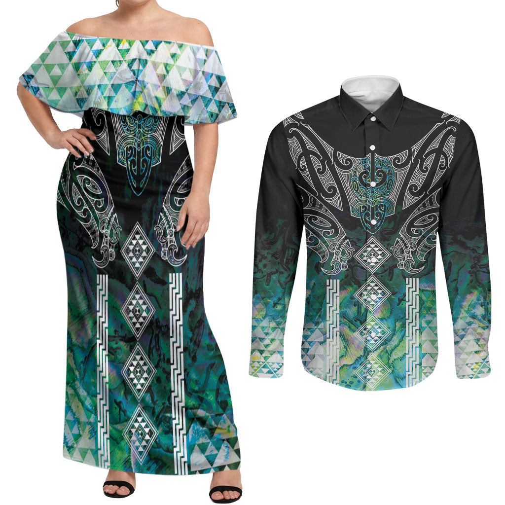 Aotearoa Maori Iwi Heritage Couples Matching Off Shoulder Maxi Dress and Long Sleeve Button Shirt Ngati Kahungunu Paua Shell Turquoise