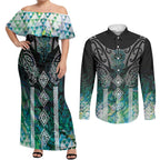 Aotearoa Maori Iwi Heritage Couples Matching Off Shoulder Maxi Dress and Long Sleeve Button Shirt Ngati Kahungunu Paua Shell Turquoise