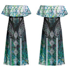 Aotearoa Maori Iwi Heritage Couples Matching Off Shoulder Maxi Dress and Long Sleeve Button Shirt Ngati Kahungunu Paua Shell Turquoise