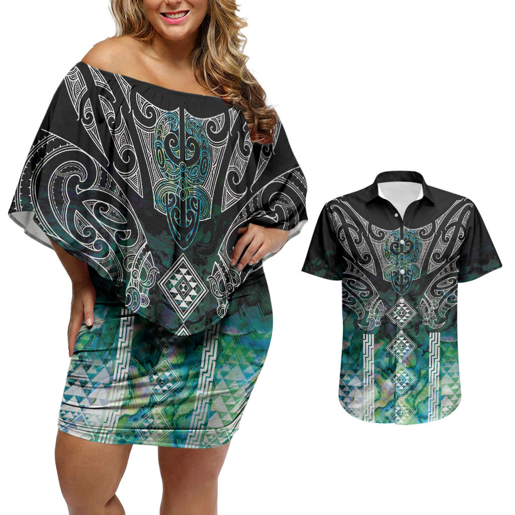 Aotearoa Maori Iwi Heritage Couples Matching Off Shoulder Short Dress and Hawaiian Shirt Ngati Kahungunu Paua Shell Turquoise