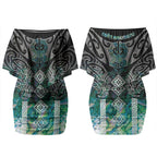 Aotearoa Maori Iwi Heritage Couples Matching Off Shoulder Short Dress and Hawaiian Shirt Ngati Kahungunu Paua Shell Turquoise