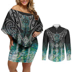 Aotearoa Maori Iwi Heritage Couples Matching Off Shoulder Short Dress and Long Sleeve Button Shirt Ngati Kahungunu Paua Shell Turquoise
