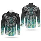 Aotearoa Maori Iwi Heritage Couples Matching Off Shoulder Short Dress and Long Sleeve Button Shirt Ngati Kahungunu Paua Shell Turquoise