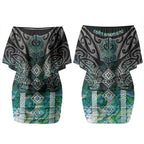 Aotearoa Maori Iwi Heritage Couples Matching Off Shoulder Short Dress and Long Sleeve Button Shirt Ngati Kahungunu Paua Shell Turquoise